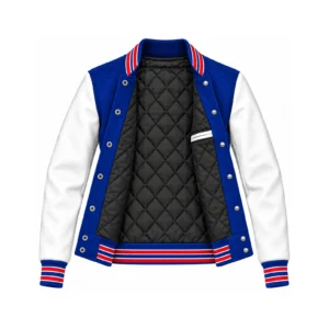 Open Women's Royal Blue Wool/White Leather Varsity Jacket – Red & White Trim showing black quilted lining, one left interior pocket with double leather welt trim and steel snap backs