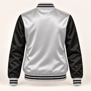 Women’s Silver & Black Two-Tone Satin Varsity Jacket — back view