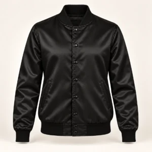 Women’s Solid Black Satin Varsity Jacket — front view