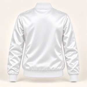Women’s Solid White Satin Varsity Jacket — back view