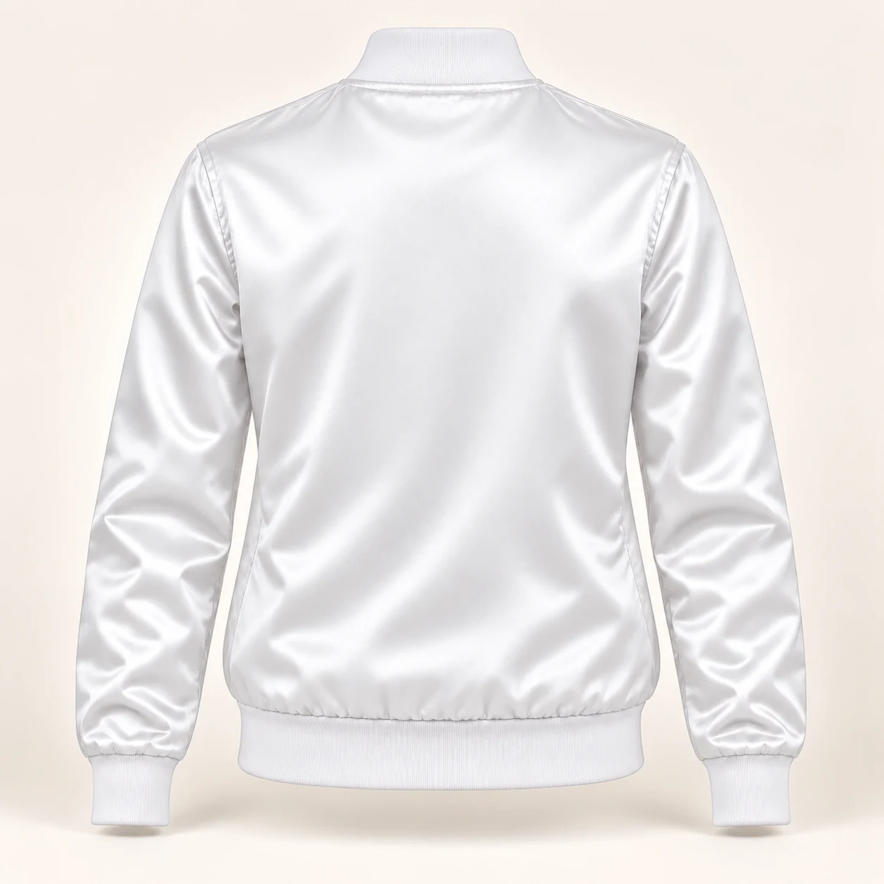 Women’s Solid White Satin Varsity Jacket — back view
