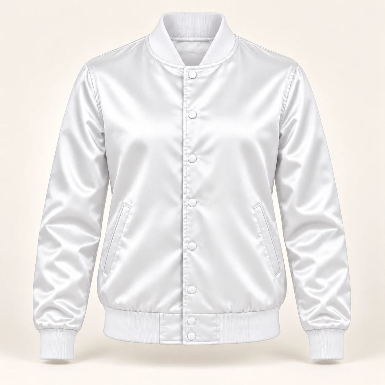 Women’s Solid White Satin Varsity Jacket — front view