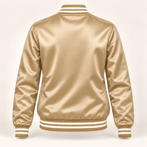 Women’s Vegas Gold Satin Varsity Jacket – White Stripe Trim — back view