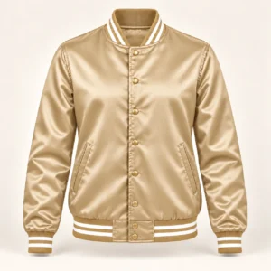 Women’s Vegas Gold Satin Varsity Jacket – White Stripe Trim — front view